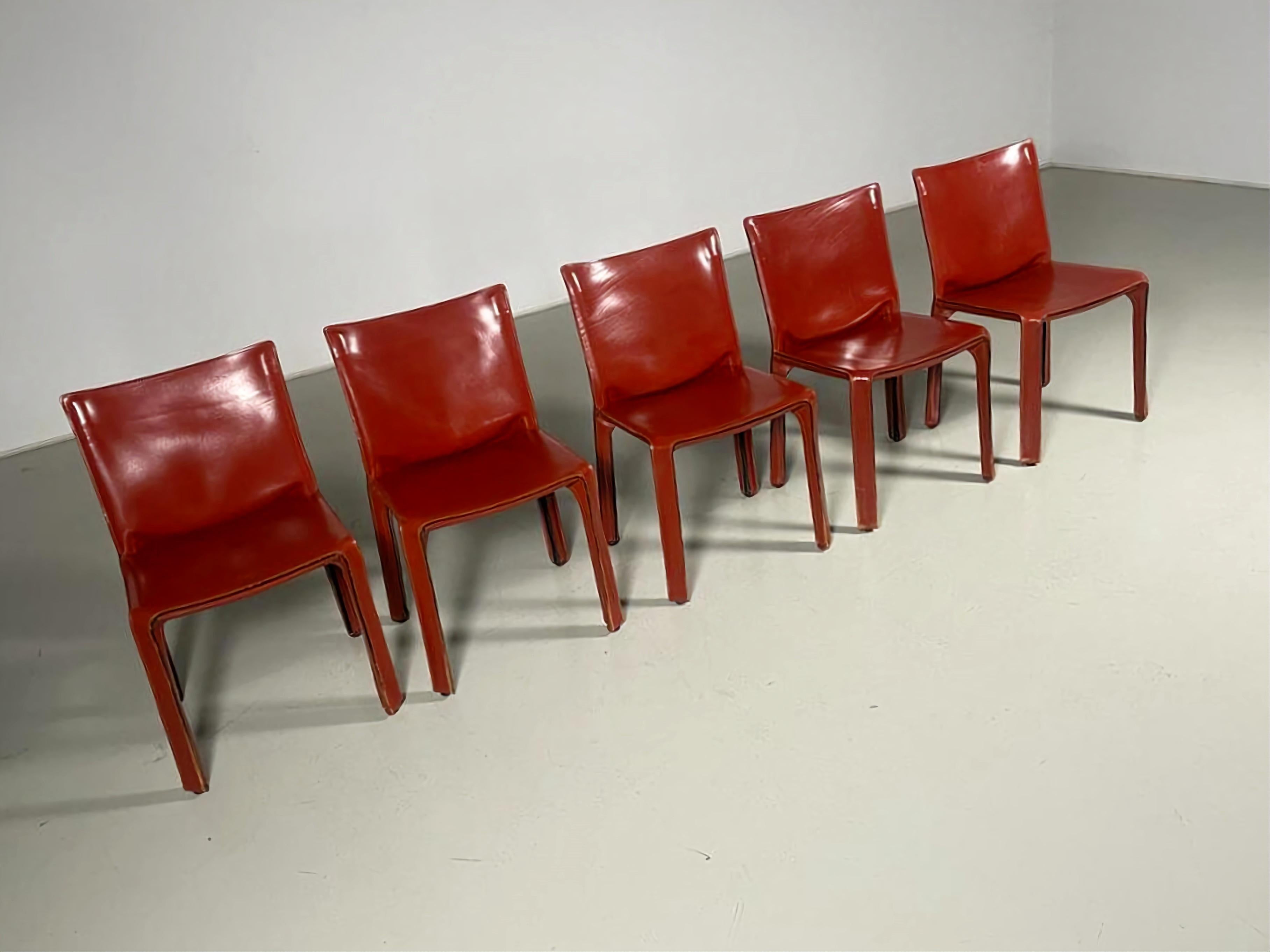 Italian Set of 5 CAB 412 Chairs in Russian Red leather by Mario Bellini for Cassina