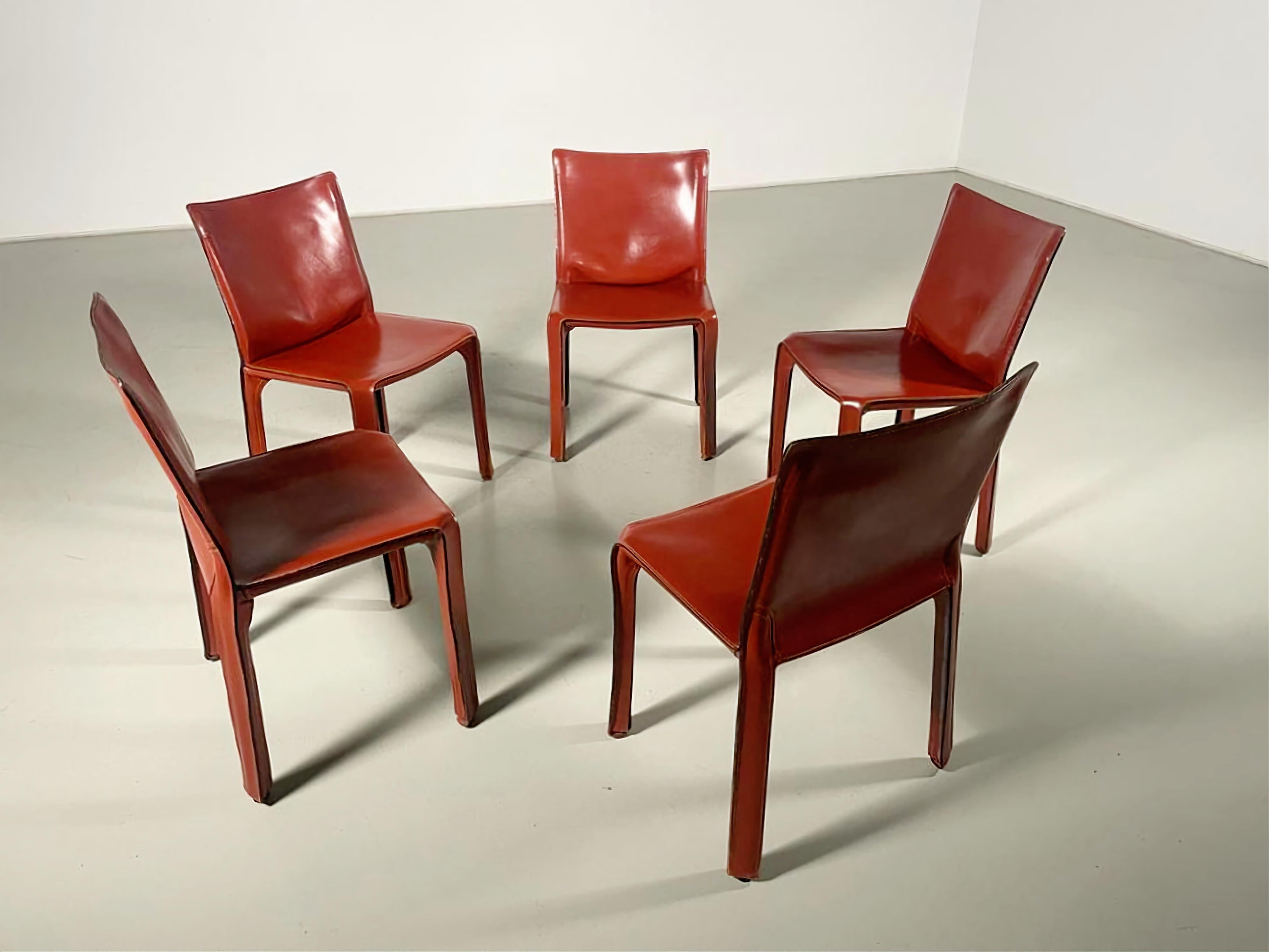 Set of 5 CAB 412 Chairs in Russian Red leather by Mario Bellini for Cassina In Good Condition In amstelveen, NL