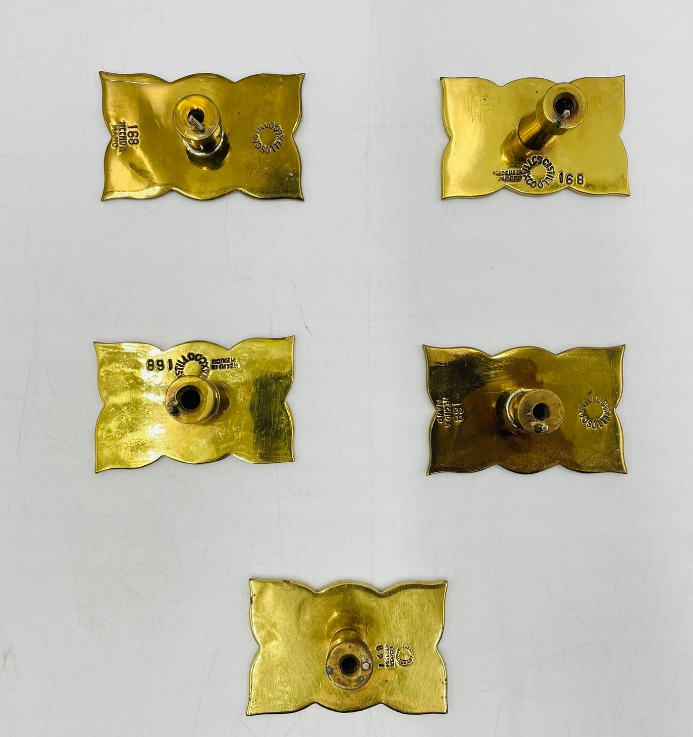 Set of 5 Cabinet Pulls in Brass & Stone inlay by Los Castillo, Mexico 1950s For Sale 3