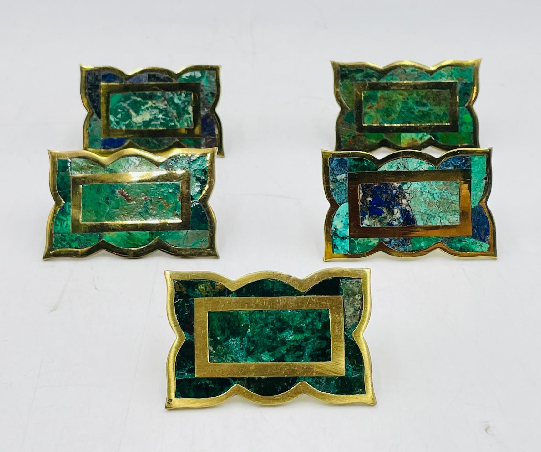 Mid-Century Modern Set of 5 Cabinet Pulls in Brass & Stone inlay by Los Castillo, Mexico 1950s For Sale