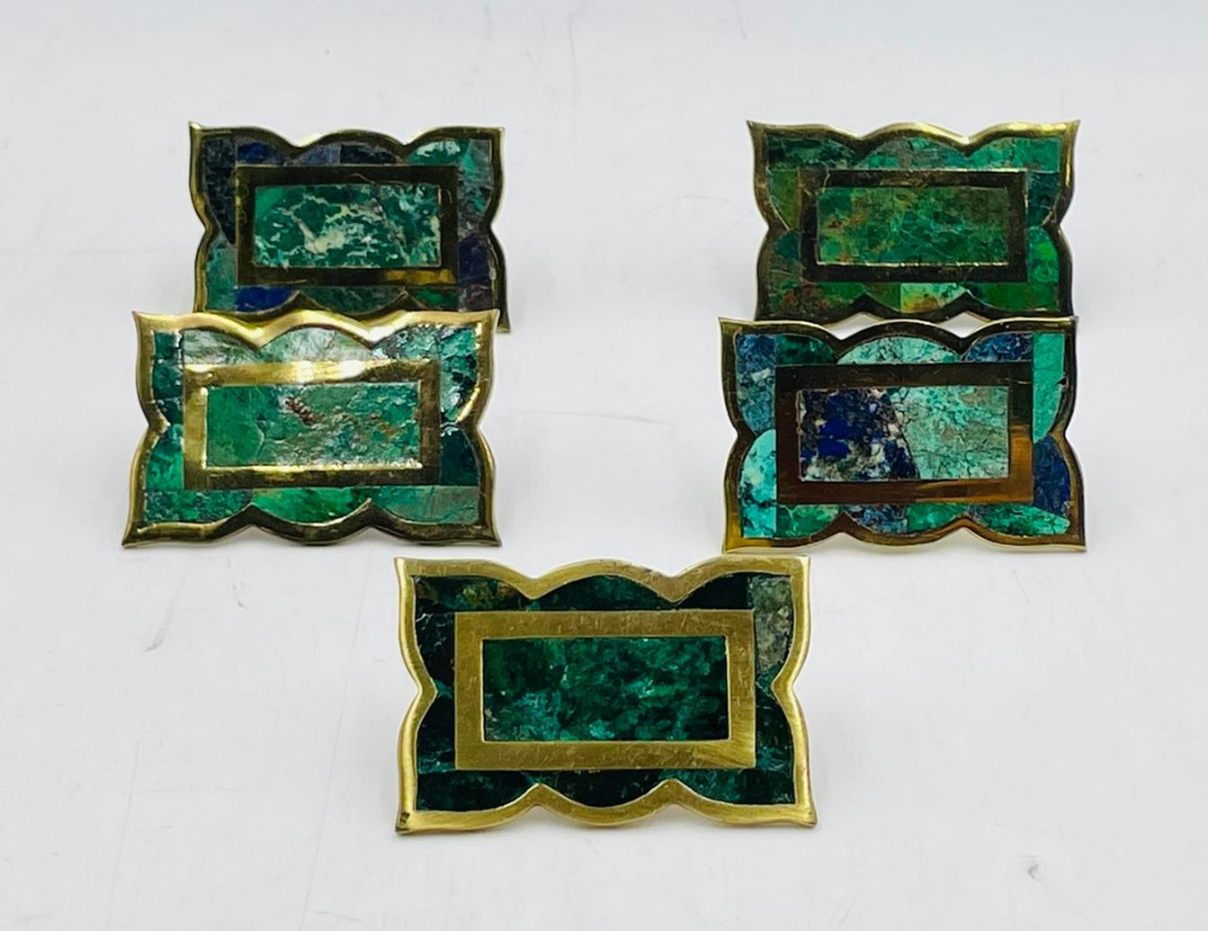 Mexican Set of 5 Cabinet Pulls in Brass & Stone inlay by Los Castillo, Mexico 1950s For Sale
