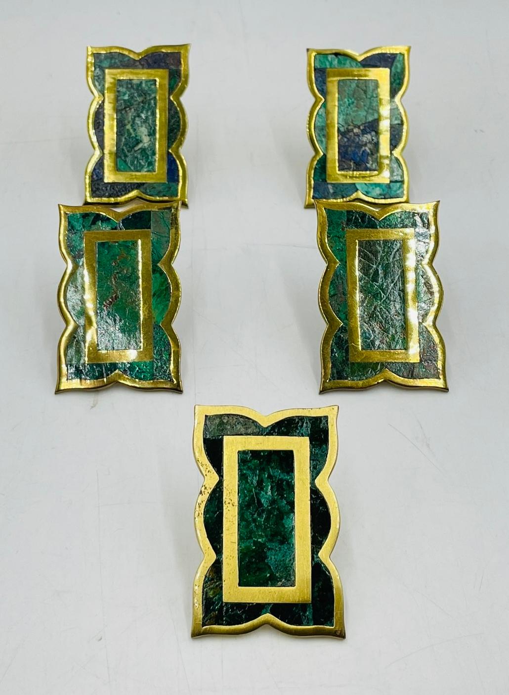 Hand-Crafted Set of 5 Cabinet Pulls in Brass & Stone inlay by Los Castillo, Mexico 1950s For Sale