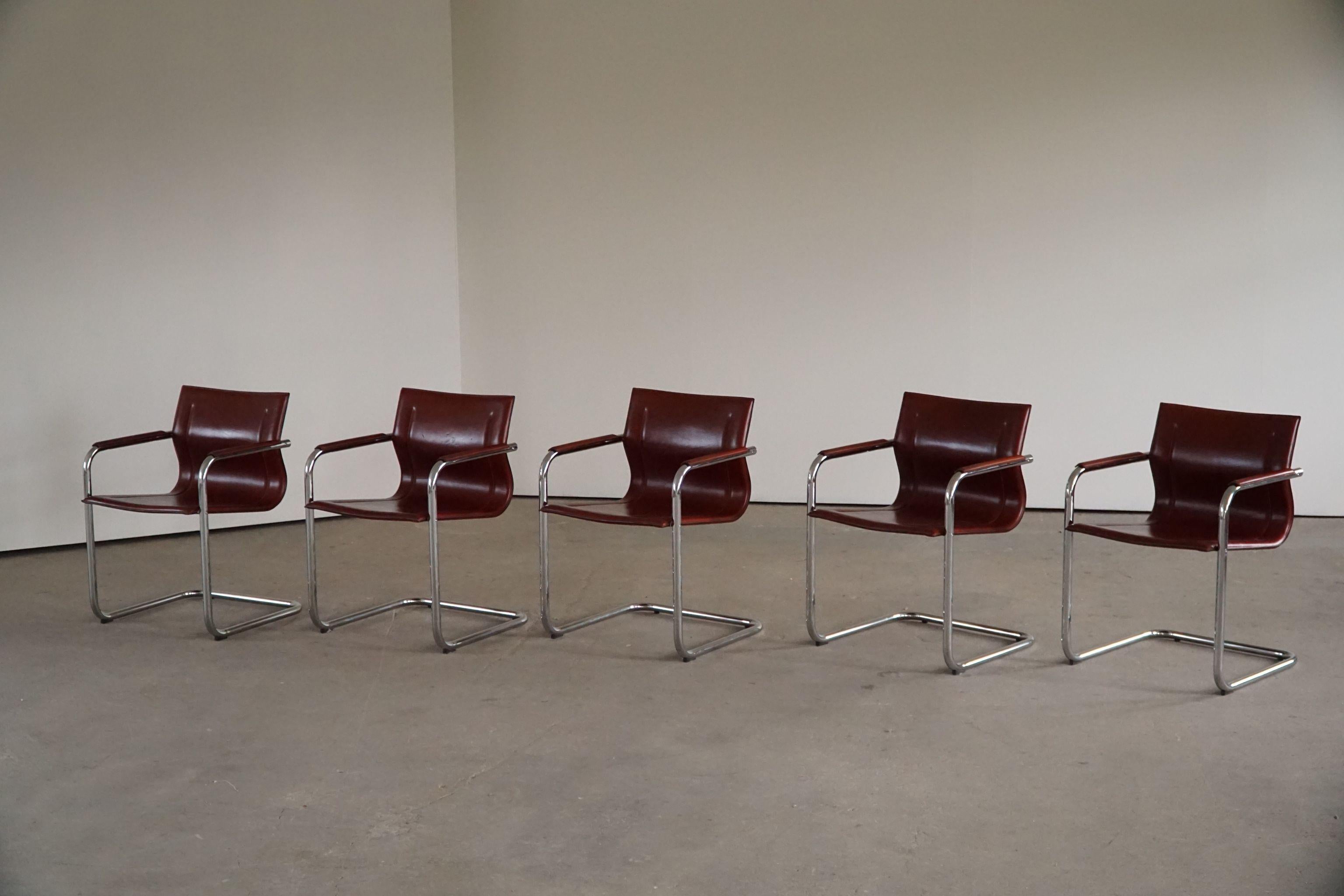 Set of 5 Cantilever Armchairs in Leather by Matteo Grassi, Model MG15, Italy 70s For Sale 4