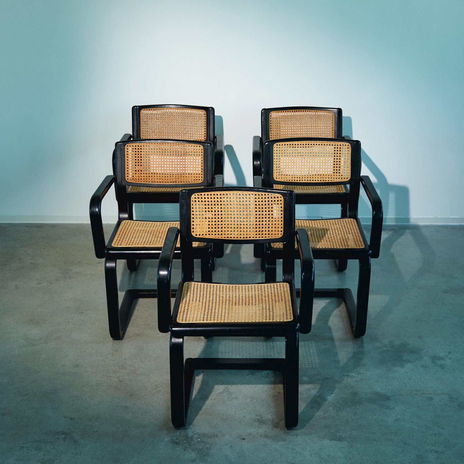 Lübke, Germany, set of cantilever chairs, 1970s, 5 pieces, wood, woven rattan fabric.