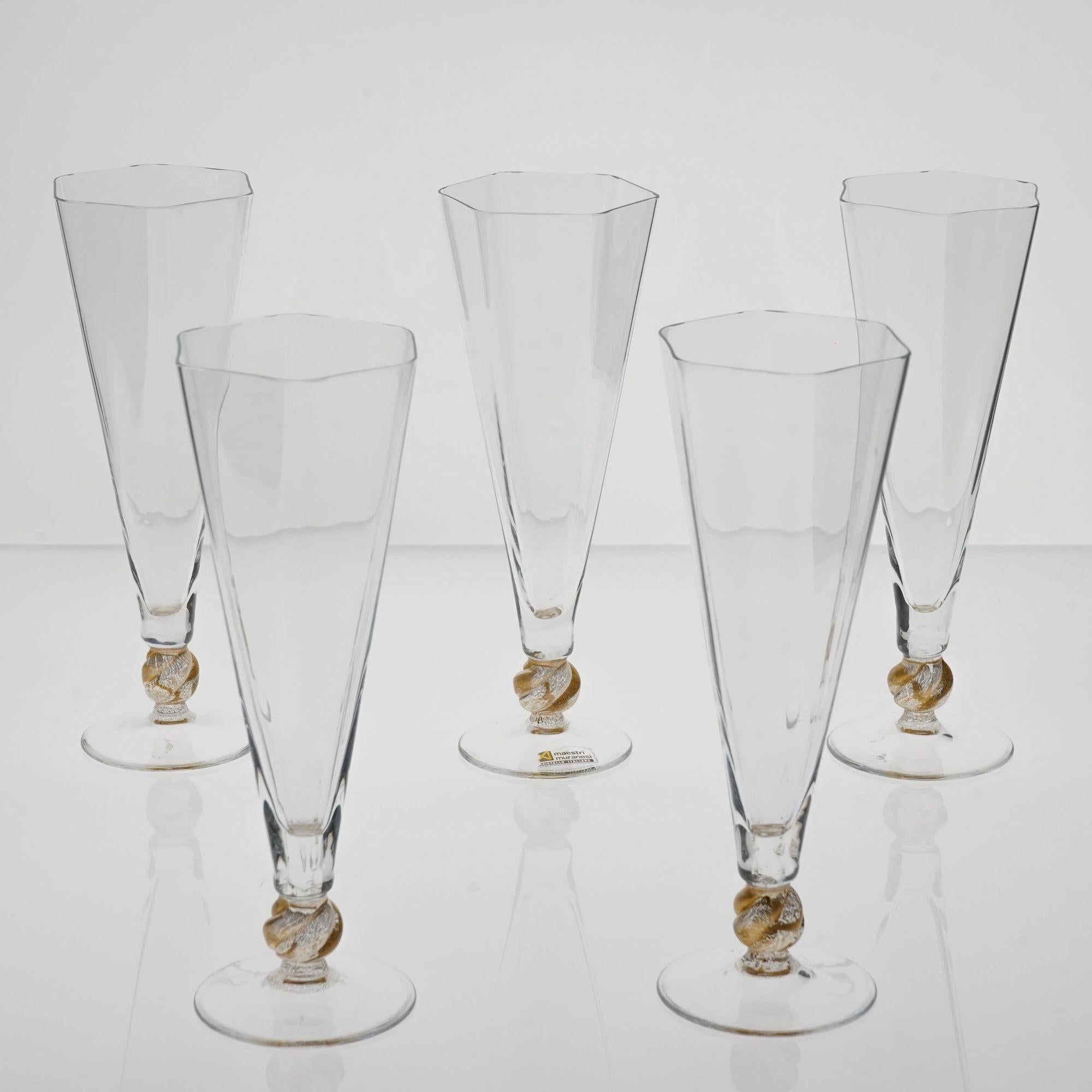 Set of 5 Cenedese Hexagonal Flutes, Gold Accent, Signed, Unique For Sale 3