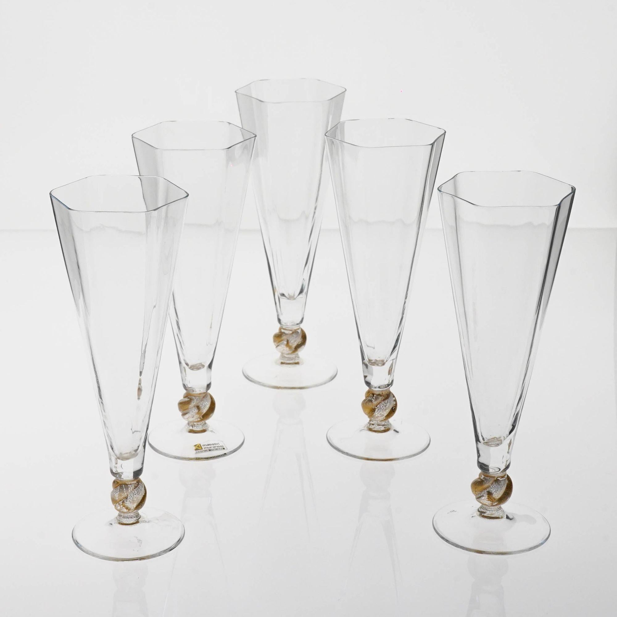 Set of 5 Cenedese Hexagonal Flutes, Gold Accent, Signed, Unique For Sale 4