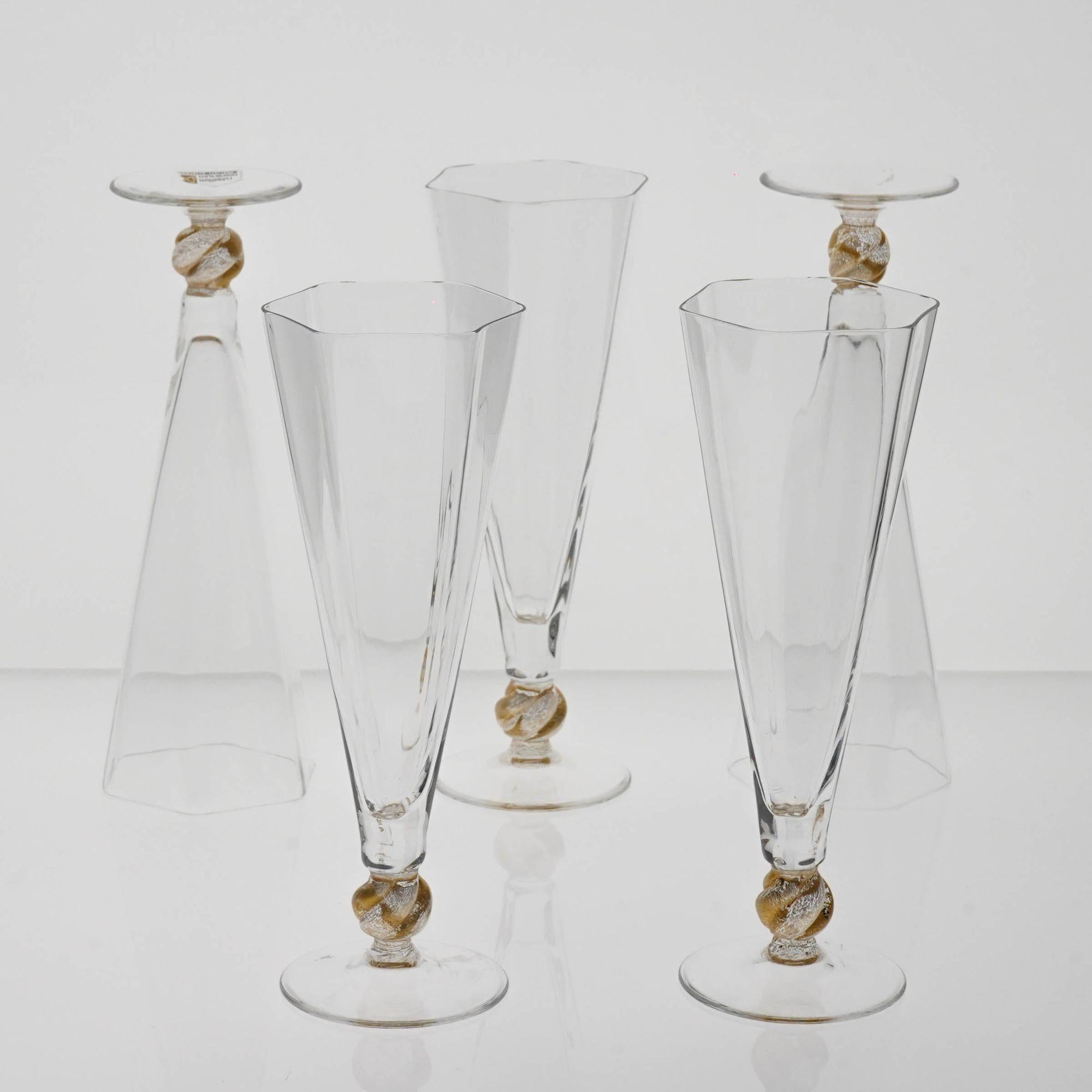 Set of 5 Cenedese Hexagonal Flutes, Gold Accent, Signed, Unique For Sale 7