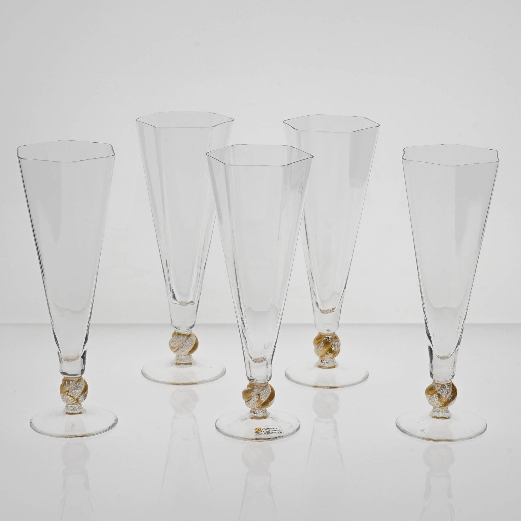Set of 5 Cenedese Hexagonal Flutes, Gold Accent, Signed, Unique For Sale 9