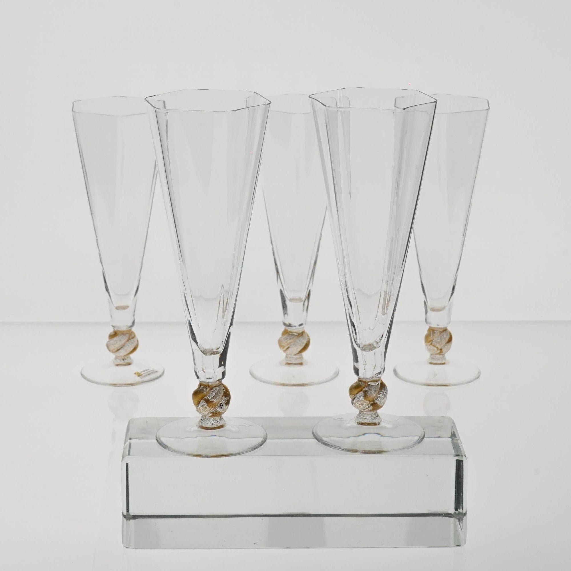 Set of 5 Cenedese Hexagonal Flutes, Gold Accent, Signed, Unique For Sale 10