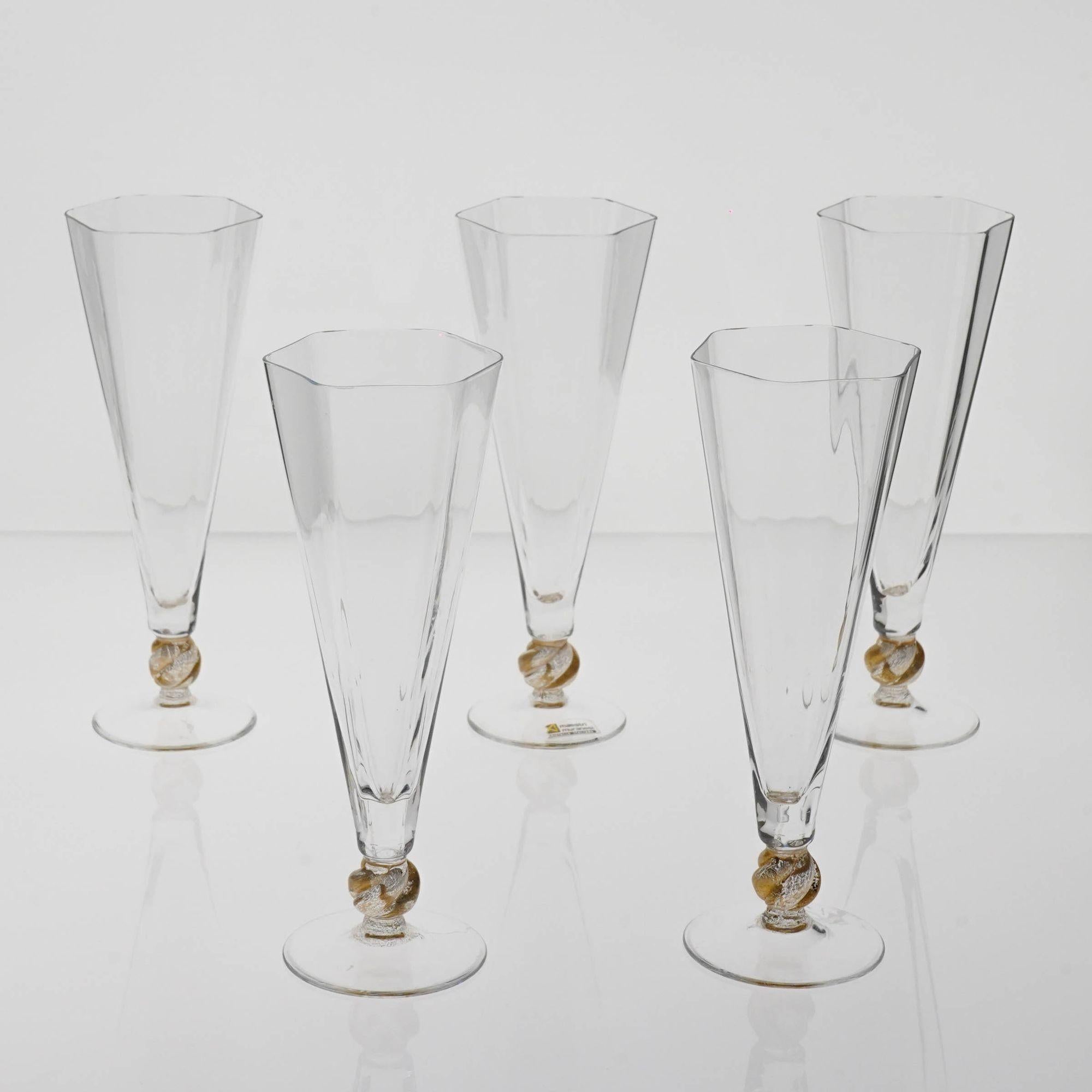 Set of 5 Cenedese Hexagonal Flutes, Gold Accent, Signed, Unique For Sale 12