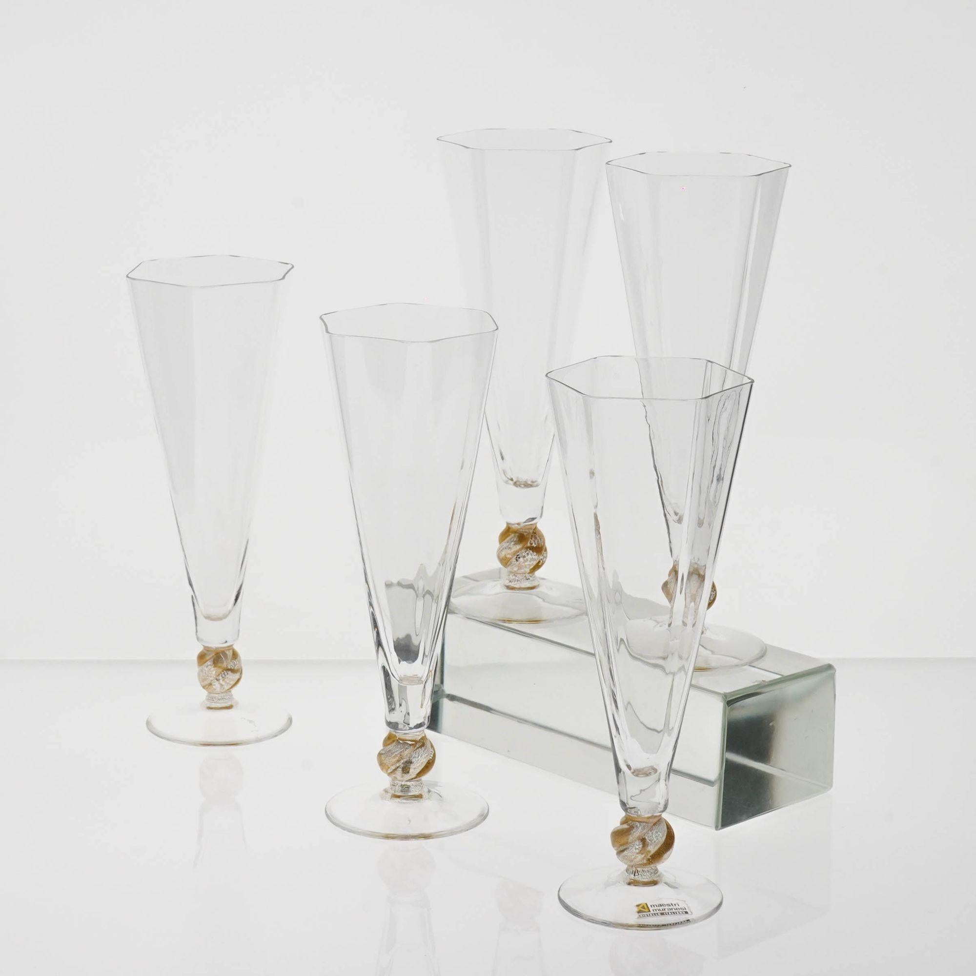 Mid-Century Modern Set of 5 Cenedese Hexagonal Flutes, Gold Accent, Signed, Unique For Sale
