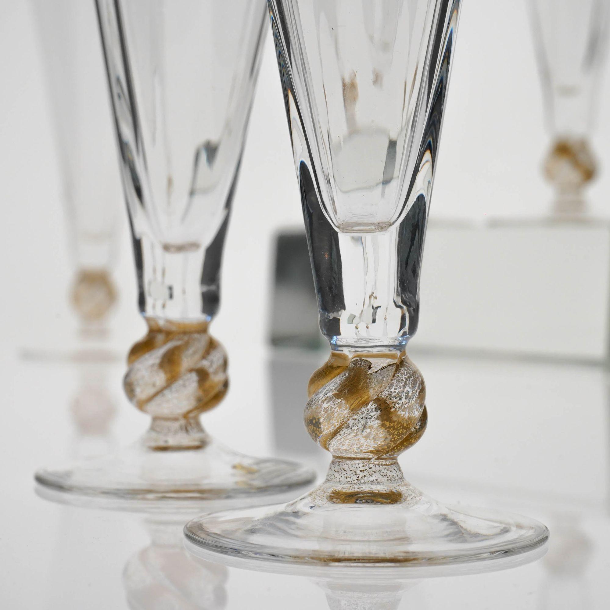 Italian Set of 5 Cenedese Hexagonal Flutes, Gold Accent, Signed, Unique For Sale