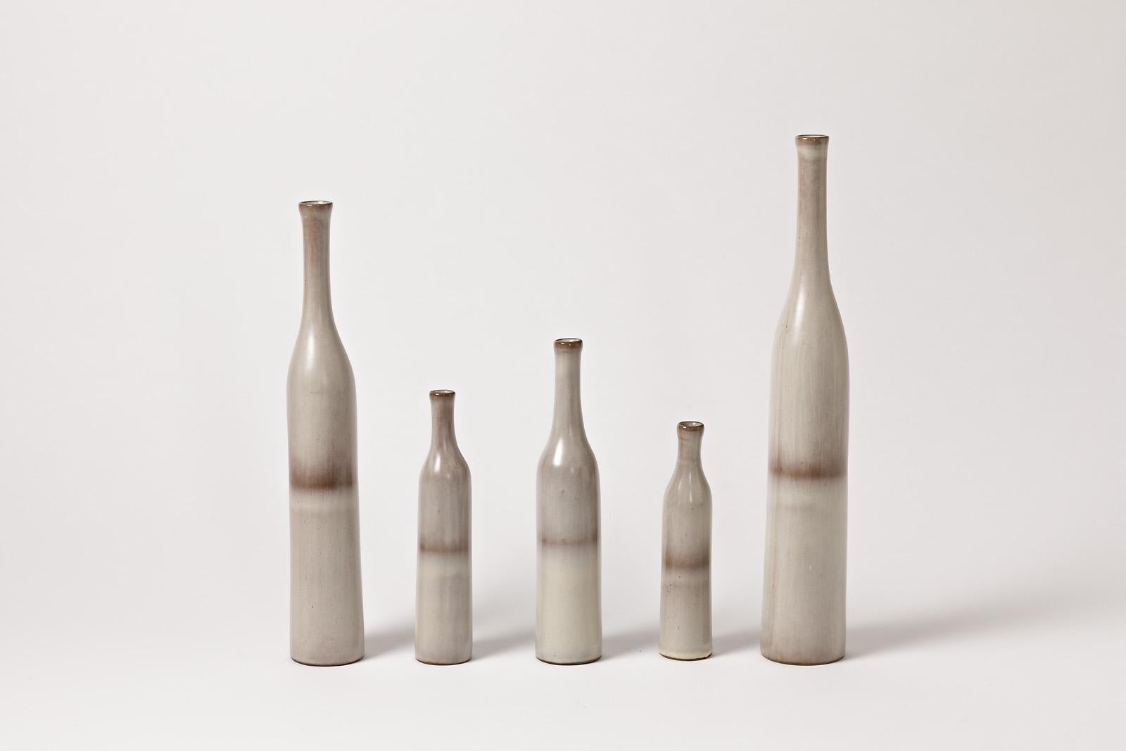 Mid-Century Modern Set of 5 Ceramic Bottles White and Grey Colors by Ruelland Midcentury Design