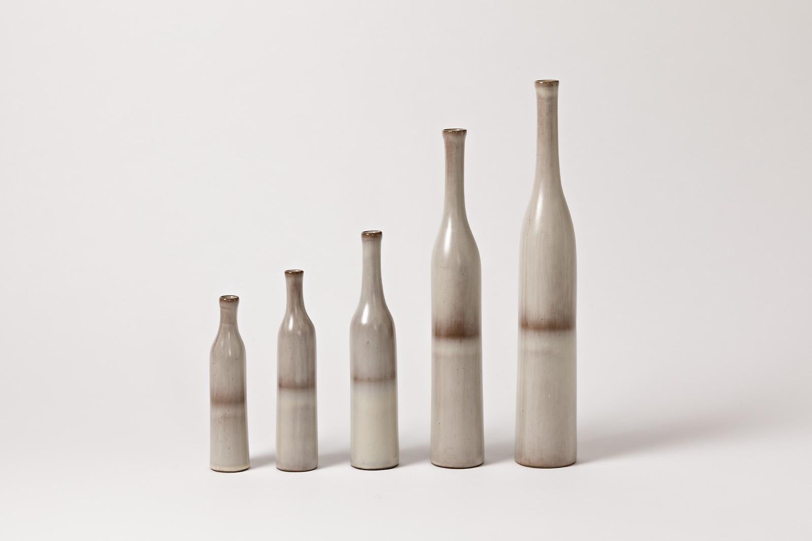 French Set of 5 Ceramic Bottles White and Grey Colors by Ruelland Midcentury Design