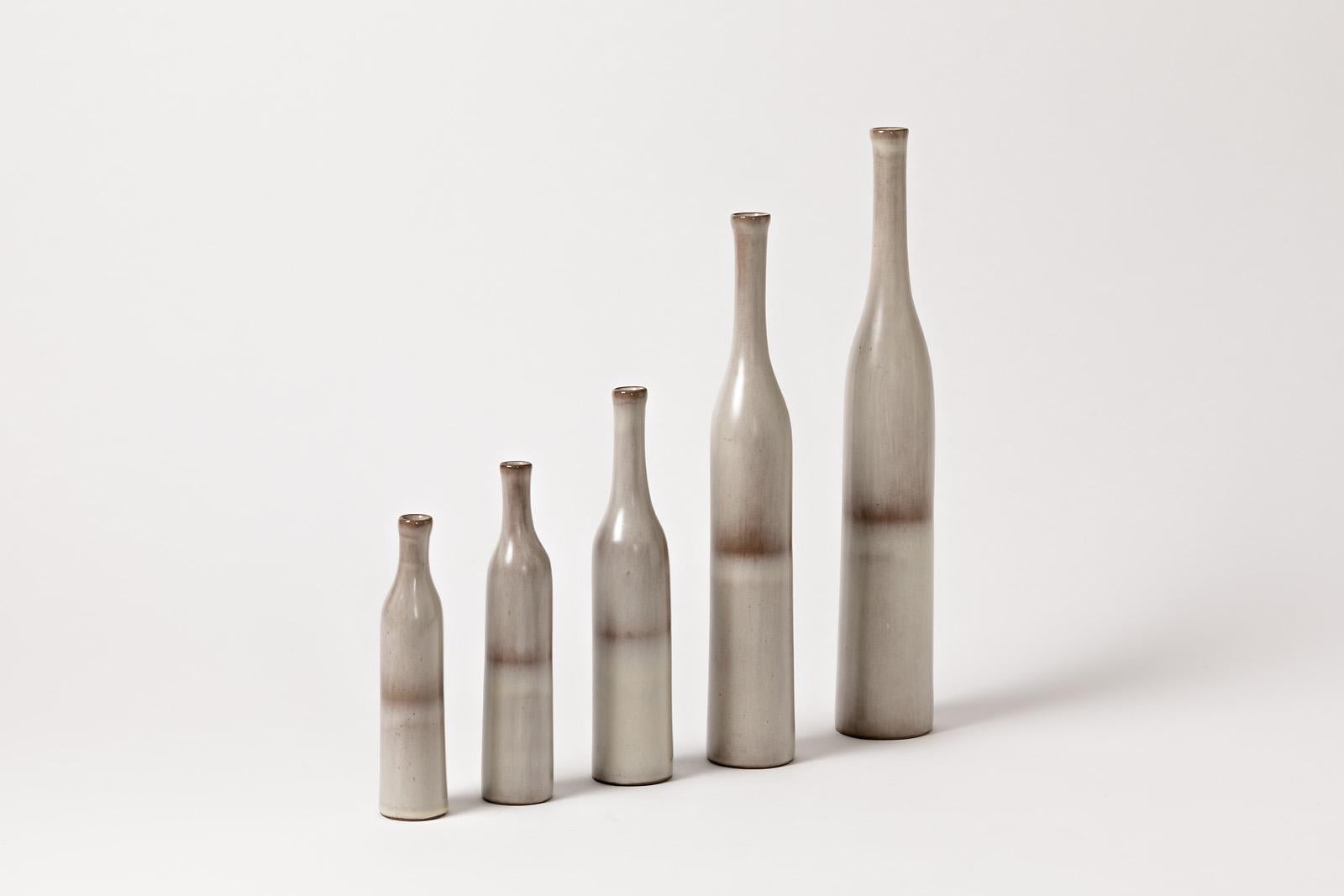 Set of 5 Ceramic Bottles White and Grey Colors by Ruelland Midcentury Design In Excellent Condition In Neuilly-en- sancerre, FR