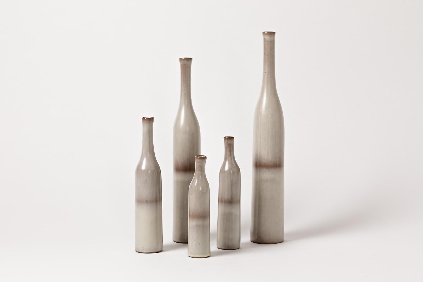 20th Century Set of 5 Ceramic Bottles White and Grey Colors by Ruelland Midcentury Design