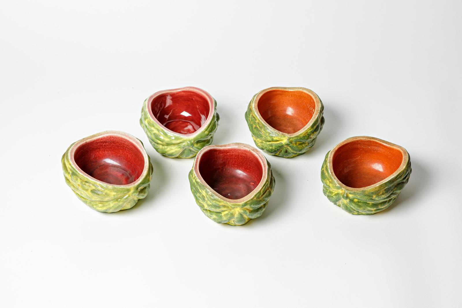 Mid-Century Modern Set of 5 ceramic cup or vide poche by Pol Chambost circa 1950 red orange design For Sale