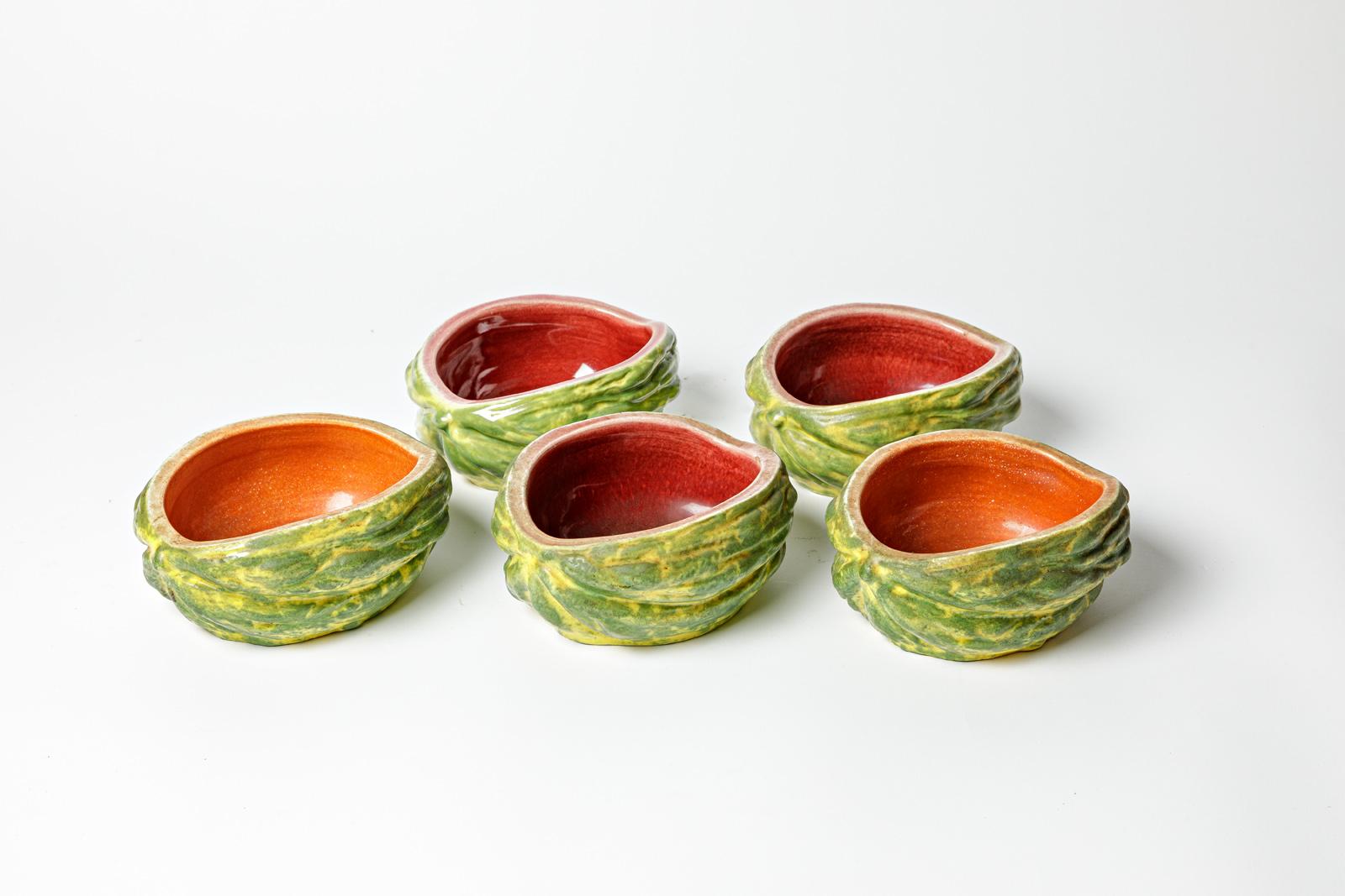 French Set of 5 ceramic cup or vide poche by Pol Chambost circa 1950 red orange design For Sale