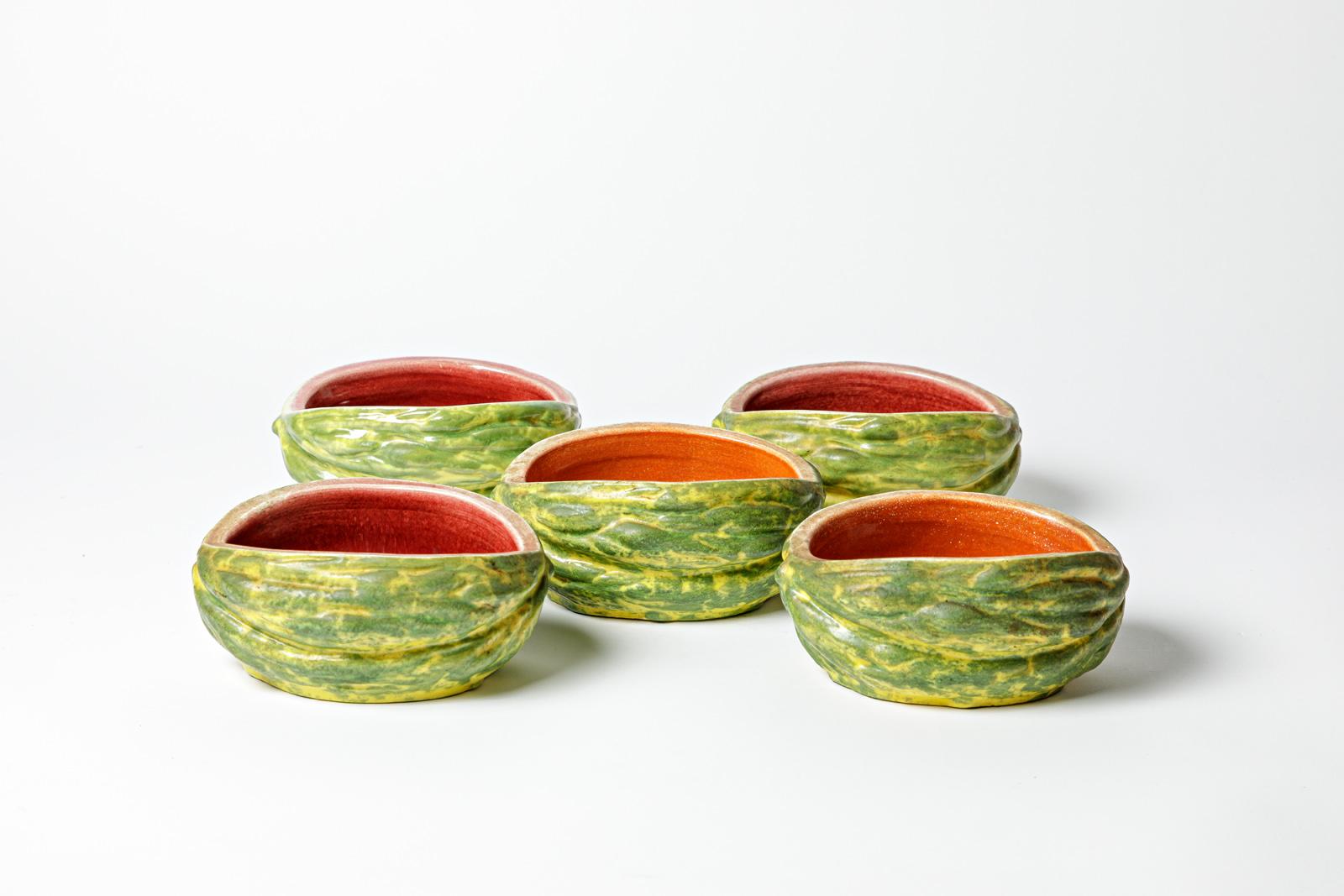 Set of 5 ceramic cup or vide poche by Pol Chambost circa 1950 red orange design In Excellent Condition For Sale In Neuilly-en- sancerre, FR