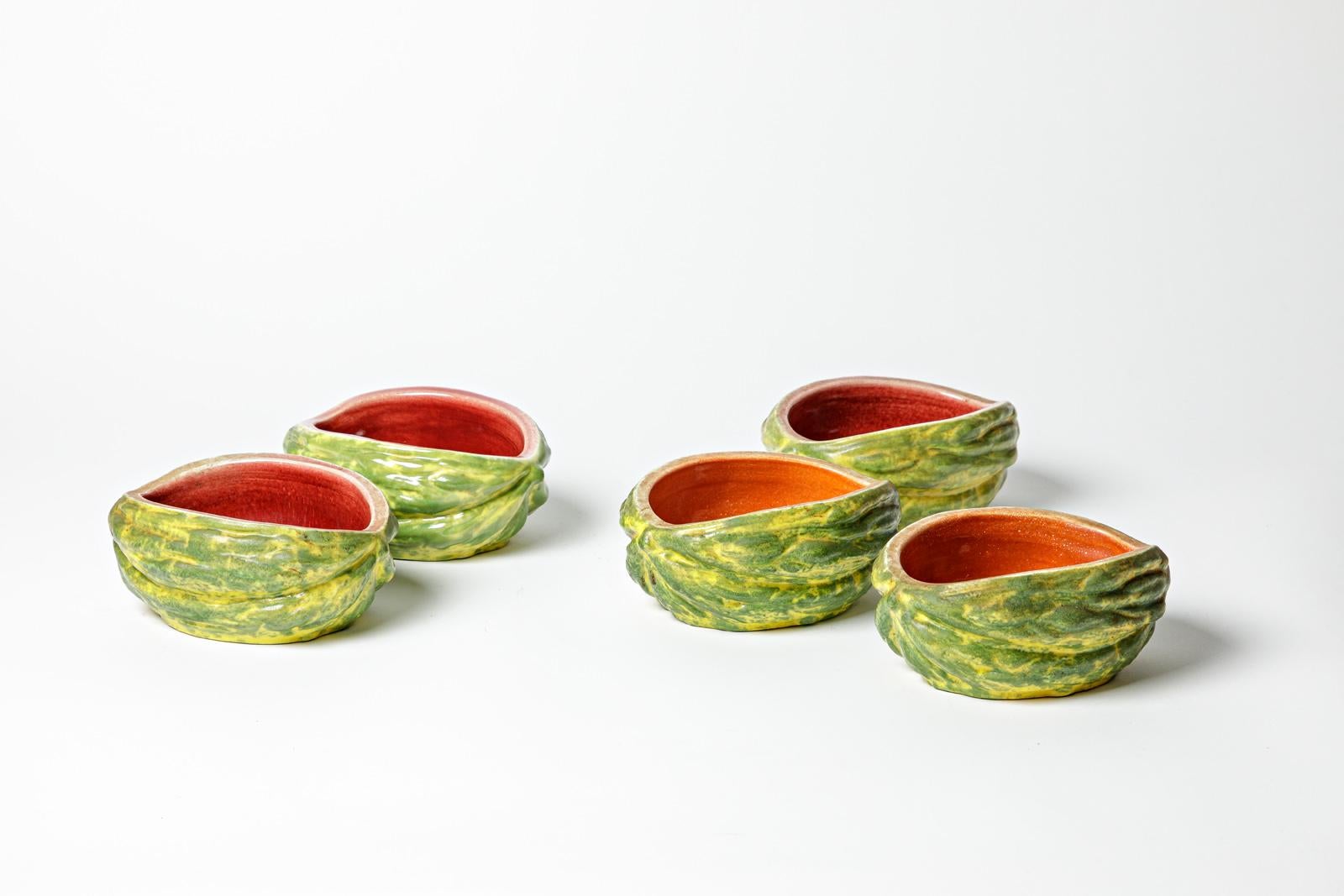 20th Century Set of 5 ceramic cup or vide poche by Pol Chambost circa 1950 red orange design For Sale