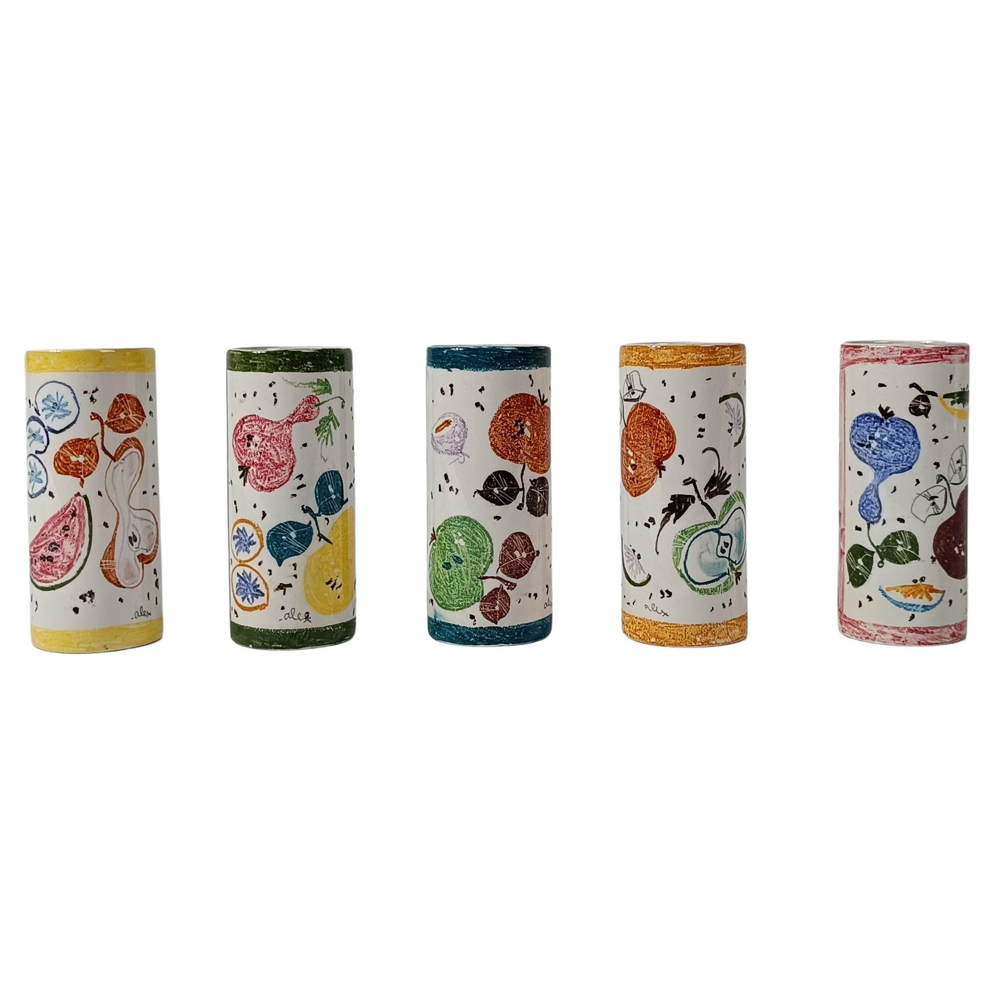 Set of  5 Ceramic Drinking Glasses, Hand Painted Fruits Decoration, Italy, 50s