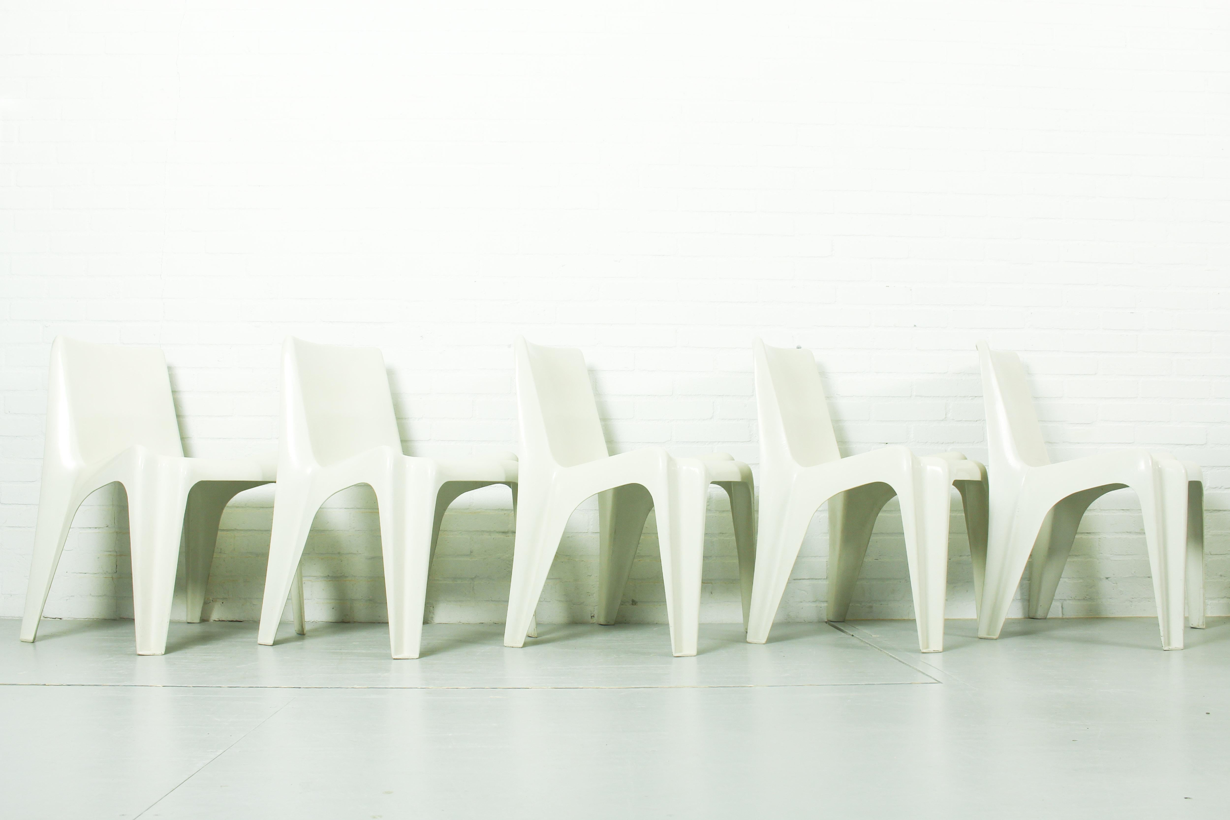 Set of 5 chairs model no BA 1171 designed by Helmut Bätzner for Bofinger, Germany 1960s. This model was launched at the 1966 Cologne Furniture Fair, as the first single-piece plastic chair which could be mass produced. The chairs are suitable for