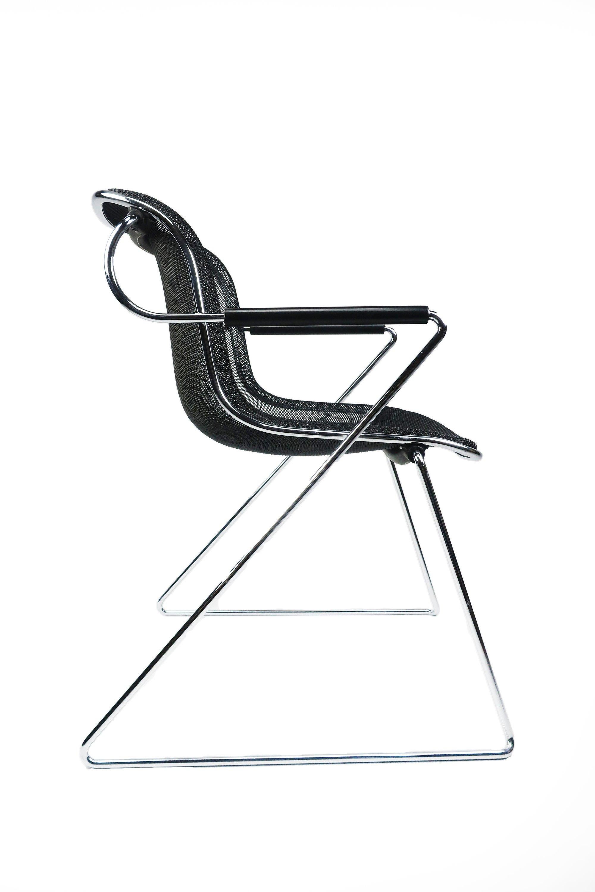 Set of five Penelope chairs designed by Charles Pollock for Castelli (1982). Constructed of chrome plated steel arms and legs with a resin-coated woven steel wire sled seat.  This design classic is comfortable, has a beautiful silhouette, and stacks