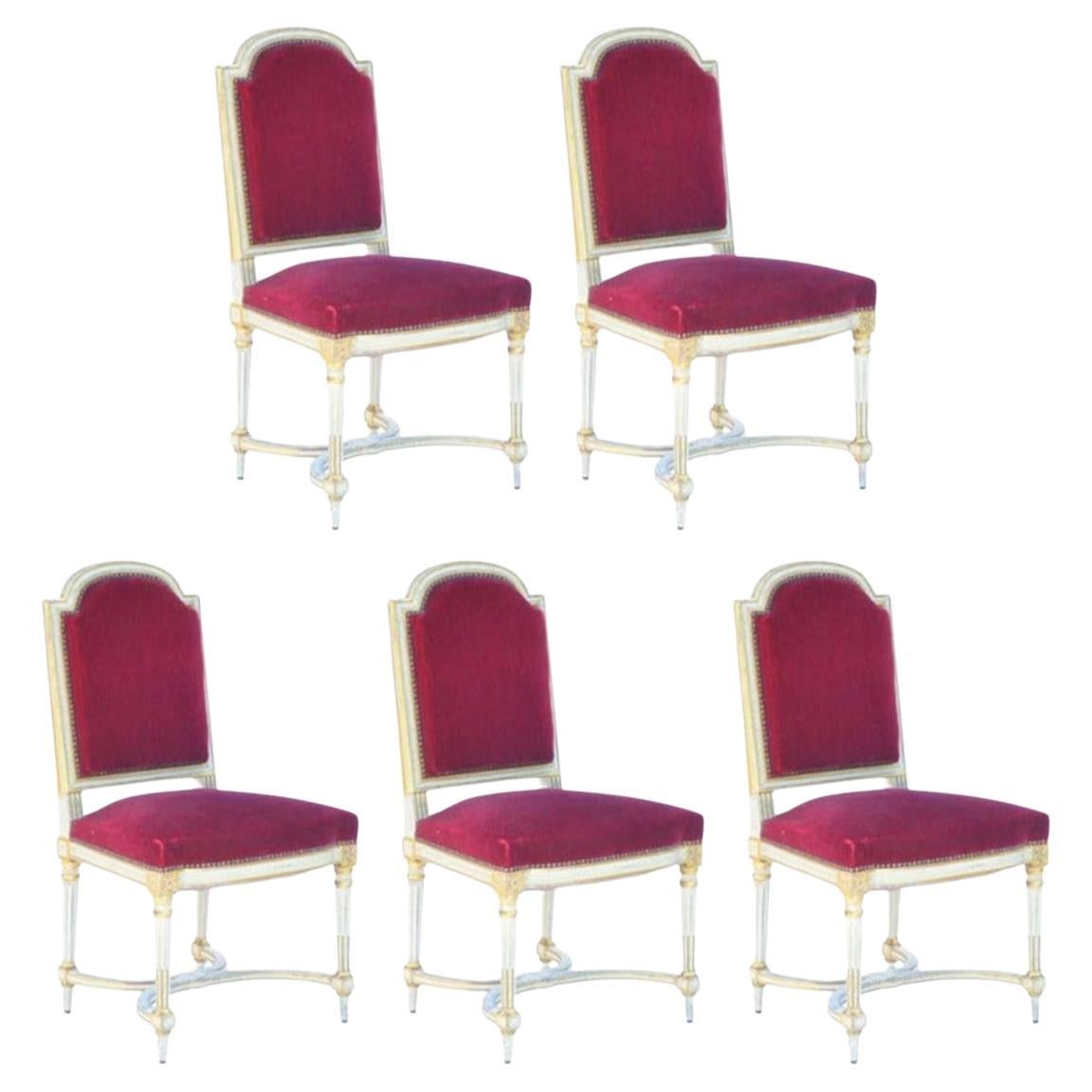 Set of 5 Chic Crimson Velvet Chairs in the Style of Maison Jansen