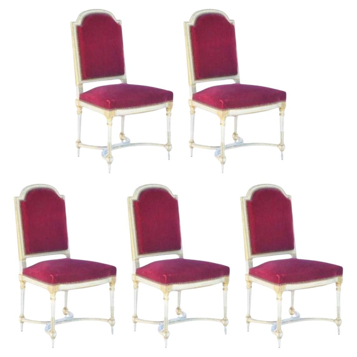 Set of 5 Chic Crimson Velvet Chairs in the Style of Maison Jansen