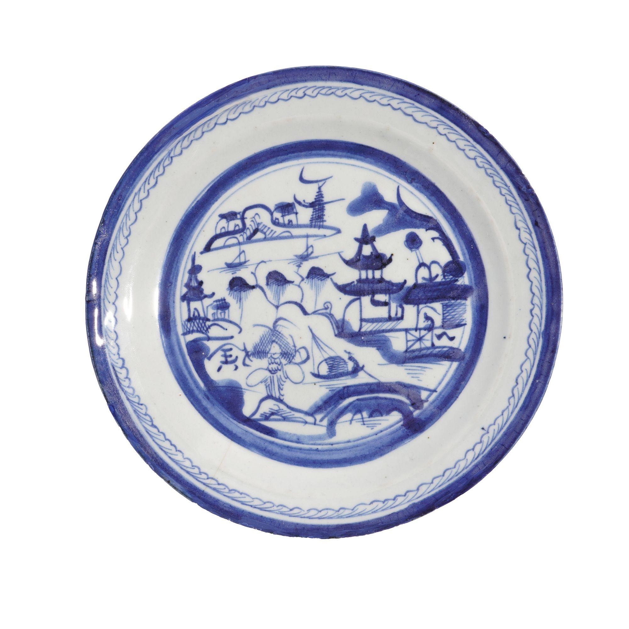 Set of 5 Chinese Canton willow pattern dinner plates, c. 1830 For Sale 5