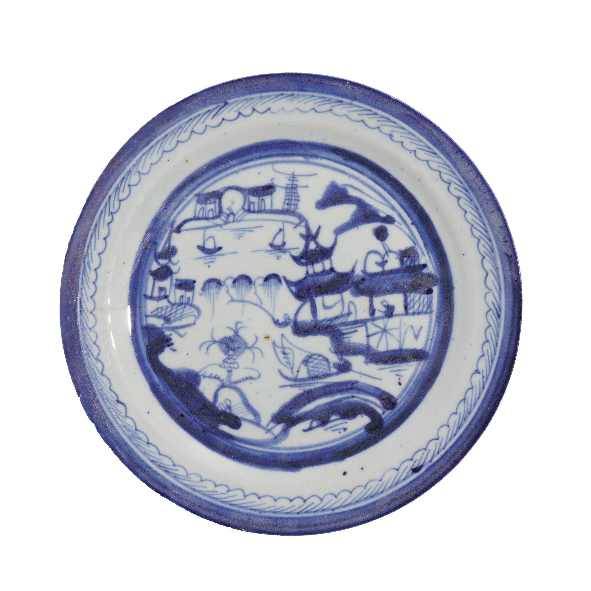 Set of 5 Chinese Canton willow pattern dinner plates, c. 1830 For Sale 8