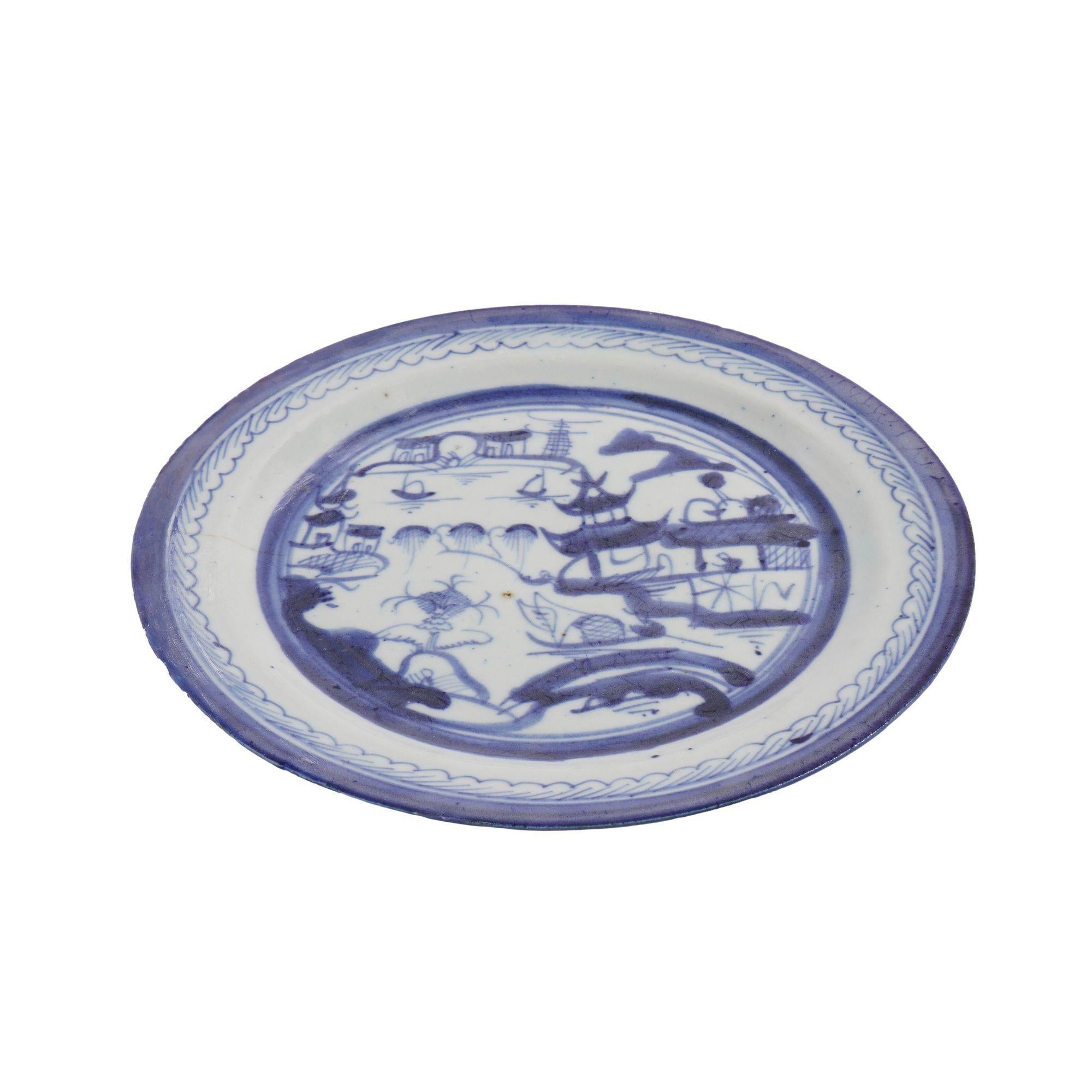 Set of 5 Chinese Canton willow pattern dinner plates, c. 1830 For Sale 9