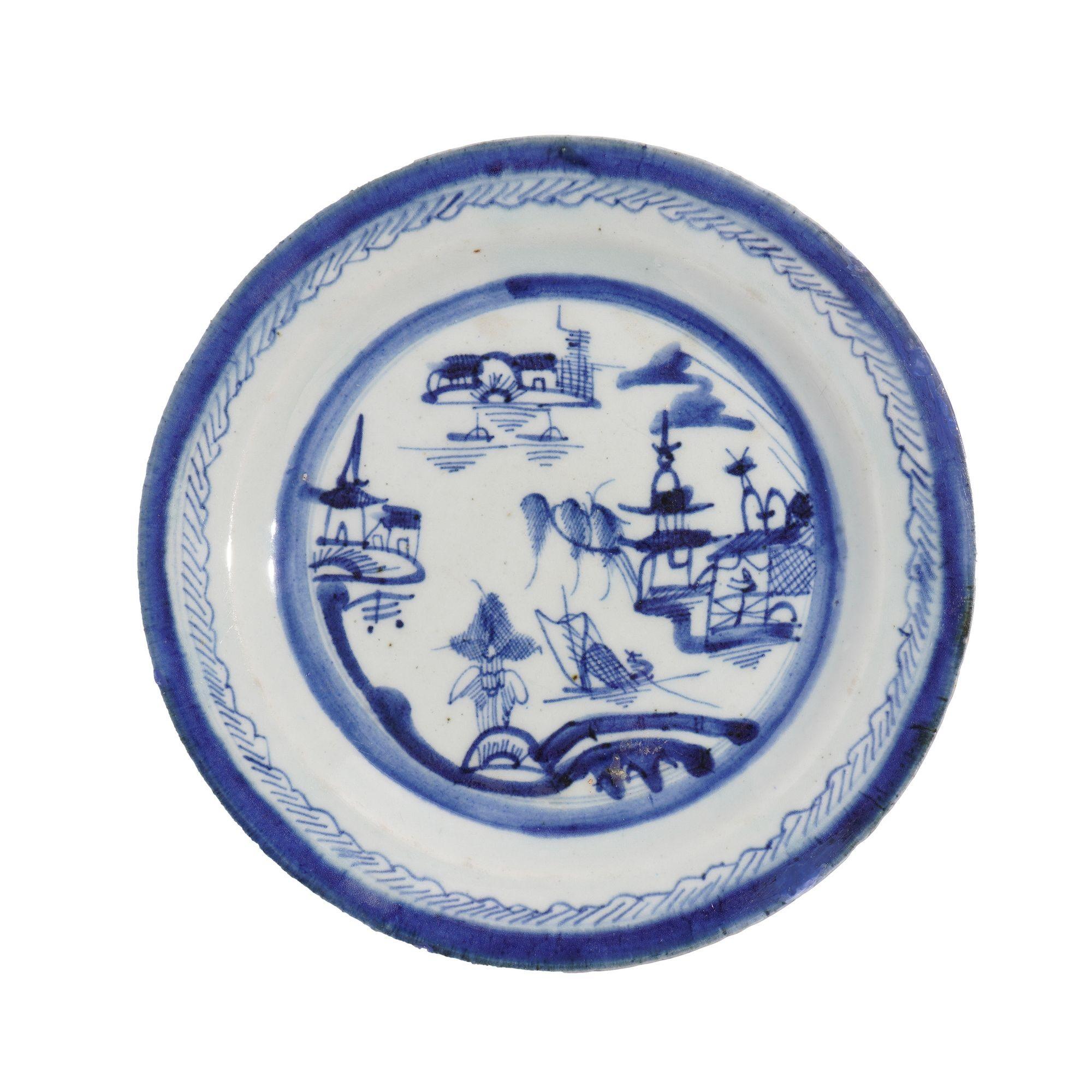 Set of 5 Chinese export blue and white Canton willow tea house pattern dinner plates.
China, circa 1830.