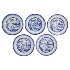 Set of 5 Chinese Canton willow pattern dinner plates, c. 1830