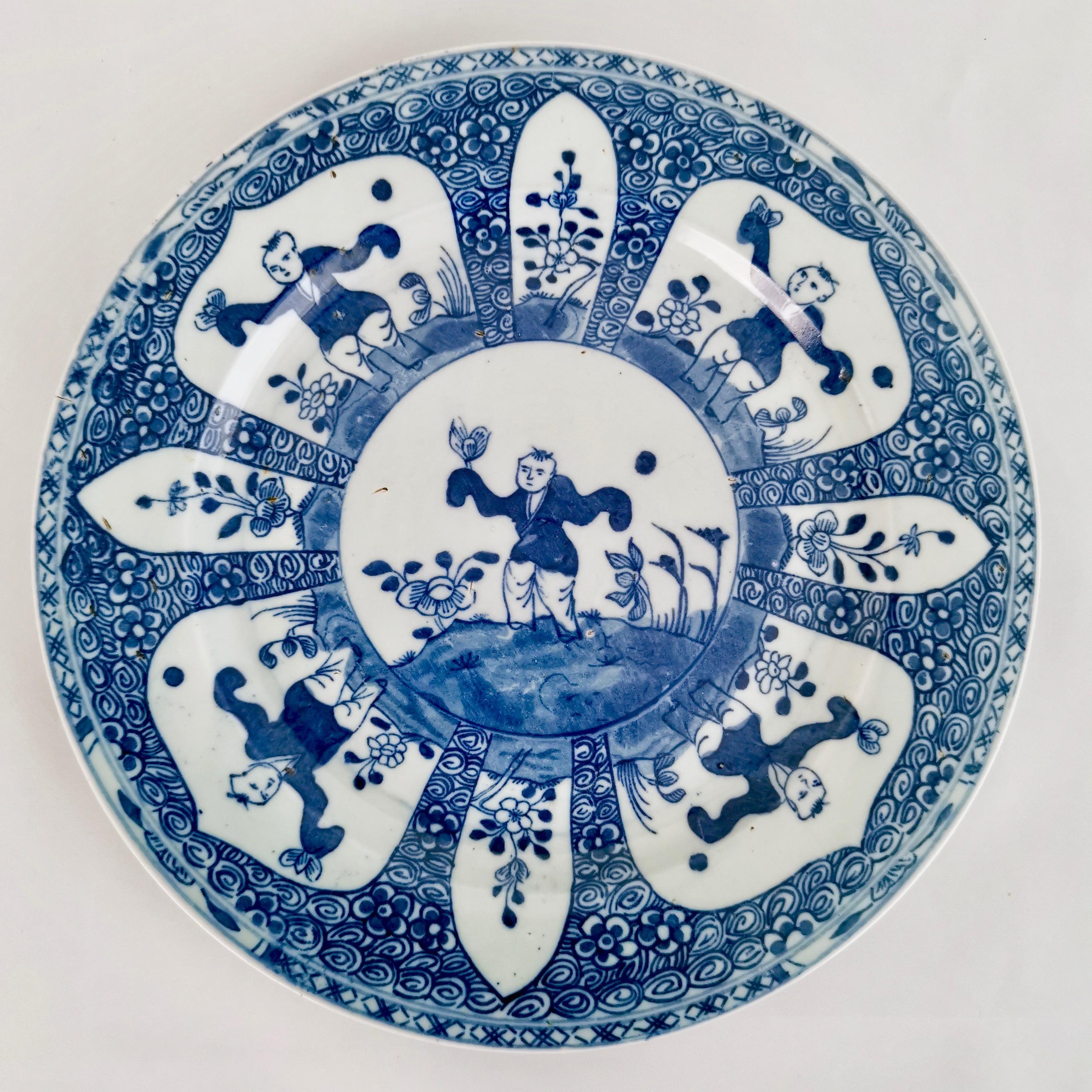 Hand-Painted Set of 5 Chinese Export Plates, Blue and White, Boy with Butterfly, 19th Century