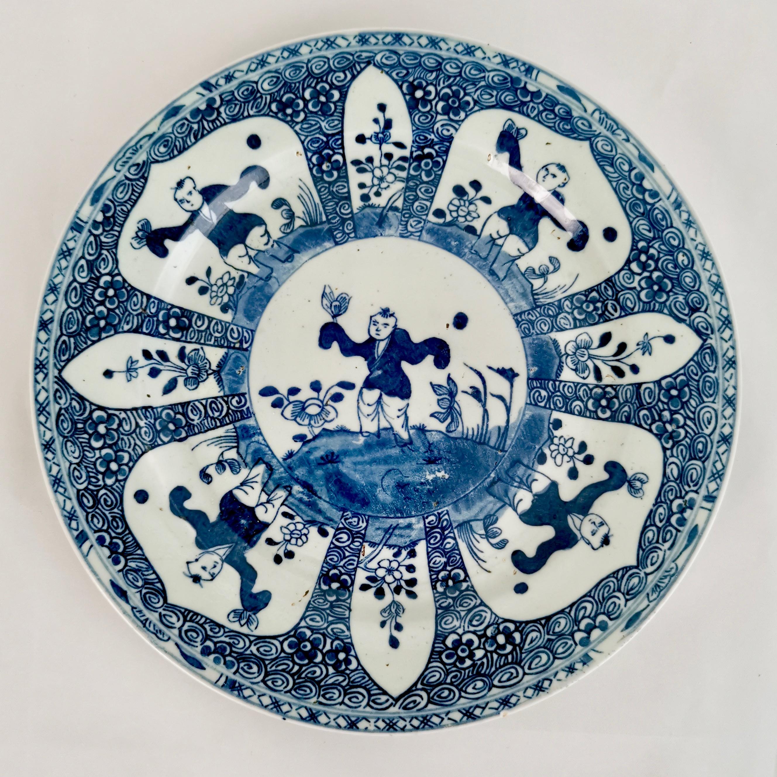 Porcelain Set of 5 Chinese Export Plates, Blue and White, Boy with Butterfly, 19th Century