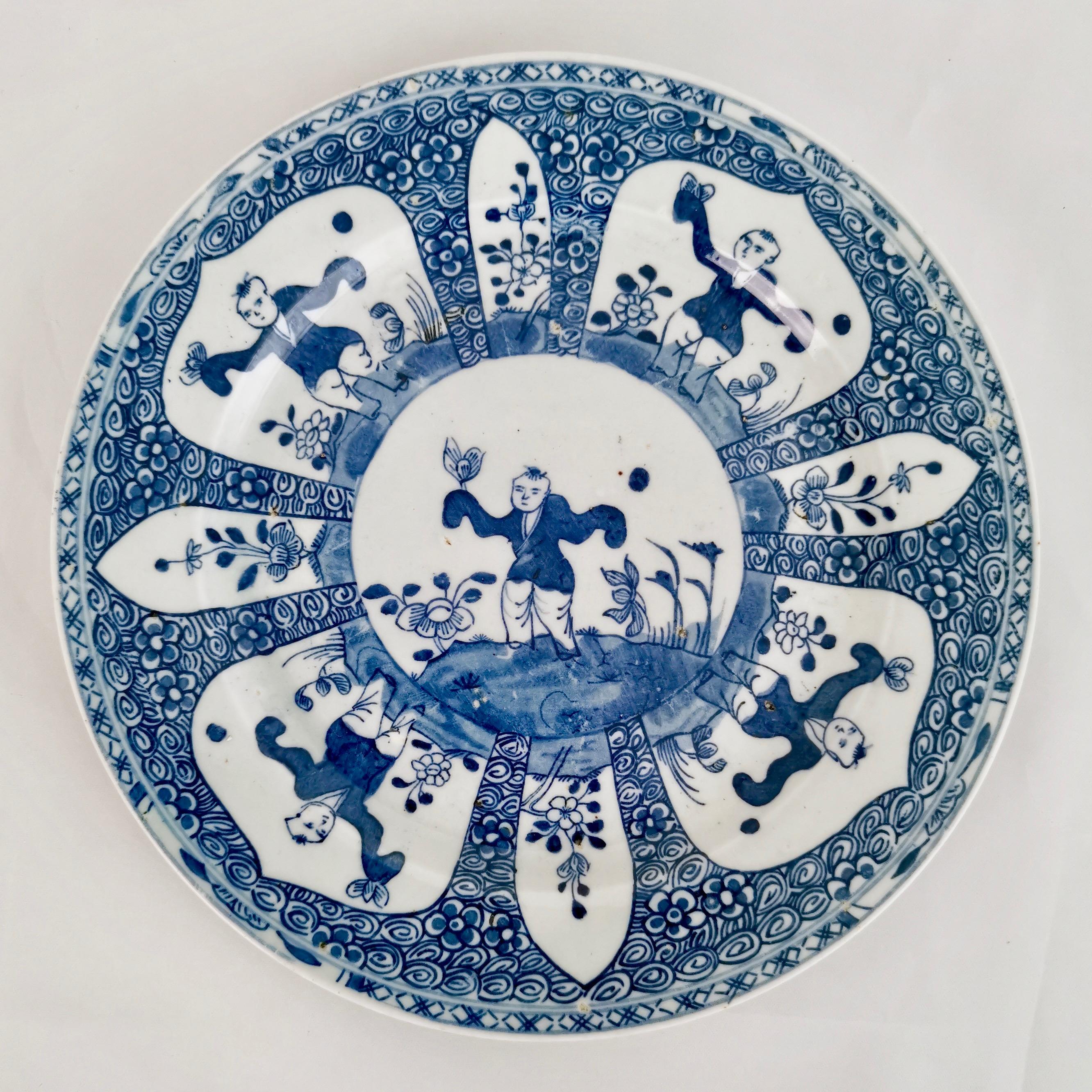 Set of 5 Chinese Export Plates, Blue and White, Boy with Butterfly, 19th Century 1