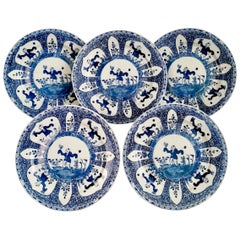 Set of 5 Chinese Export Plates, Blue and White, Boy with Butterfly, 19th Century