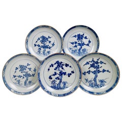 Set of 5 Chinese Export Plates, Pine Trees and Peonies, Kangxi, circa 1730