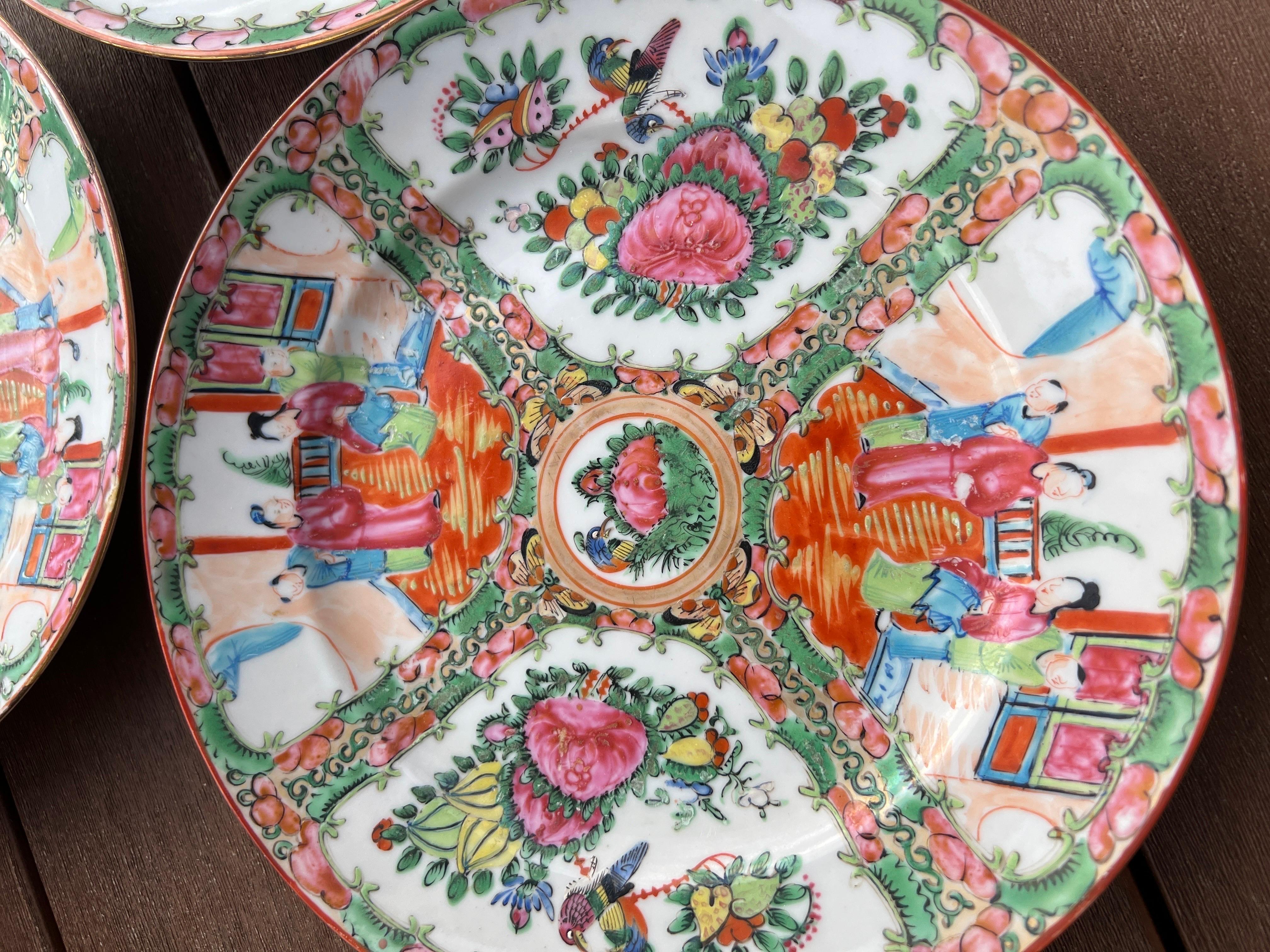Enamel Set of 5 Chinese Rose Medallion Porcelain Dinner Plates 9.5”