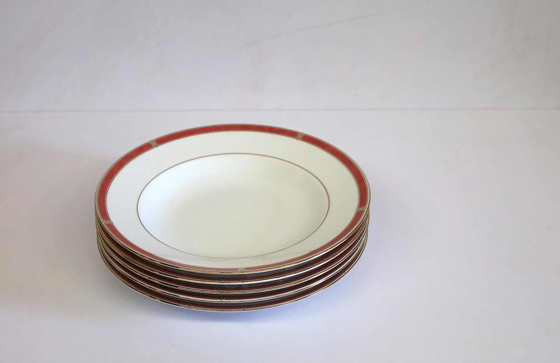 Set of 5 Porcelain Christofle Oceana Rouge Soup Plates. Excellent condition. Very elegant.