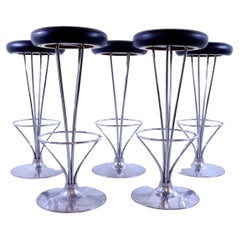 Vintage Set of 5, Chrome and Leather, Barstools Designed by Piet Hein, for Fritz Hansen