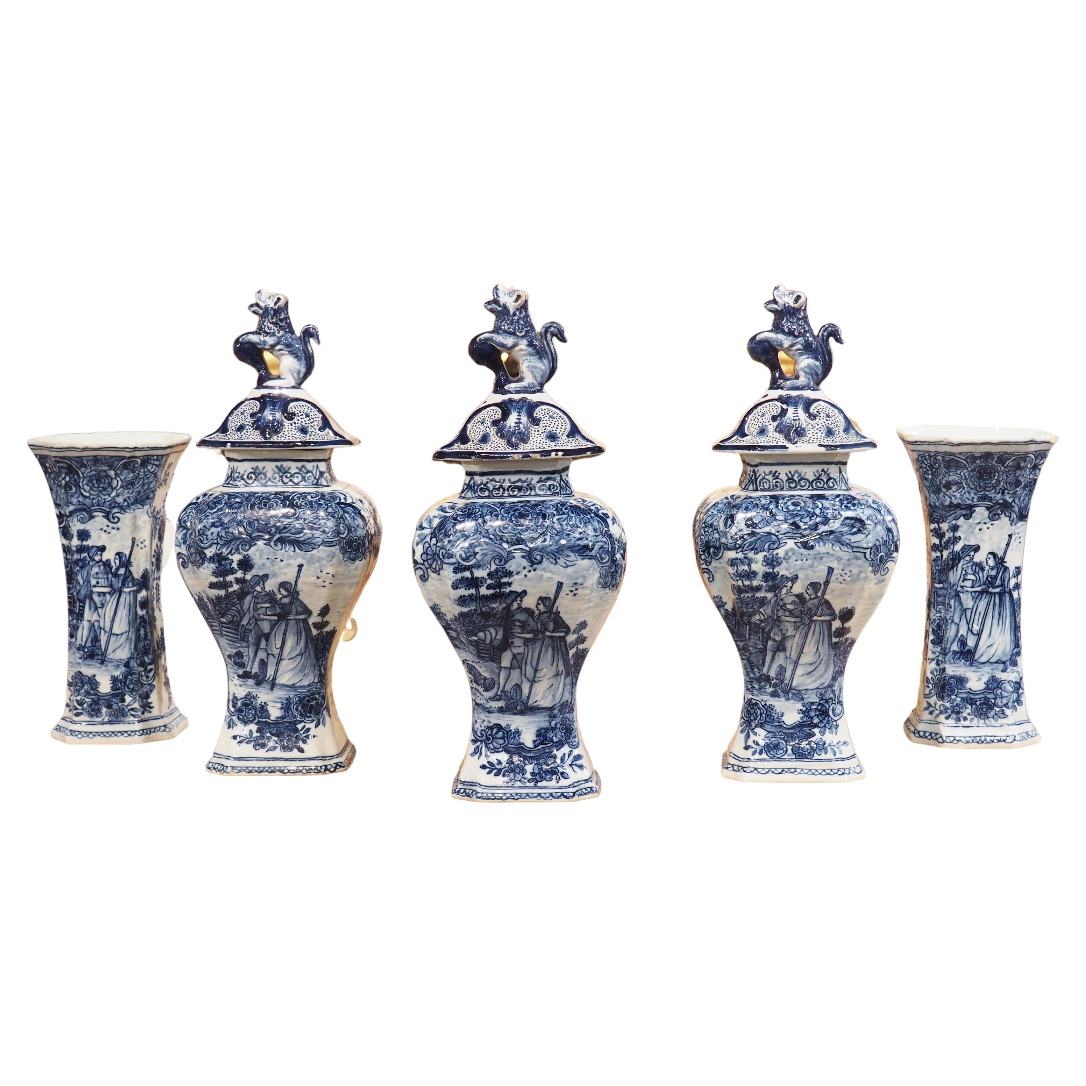 Set of 5 Circa 1900 Blue and White Delft Vases from Holland