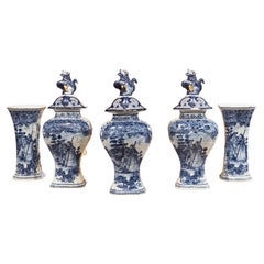Retro Set of 5 Circa 1900 Blue and White Delft Vases from Holland