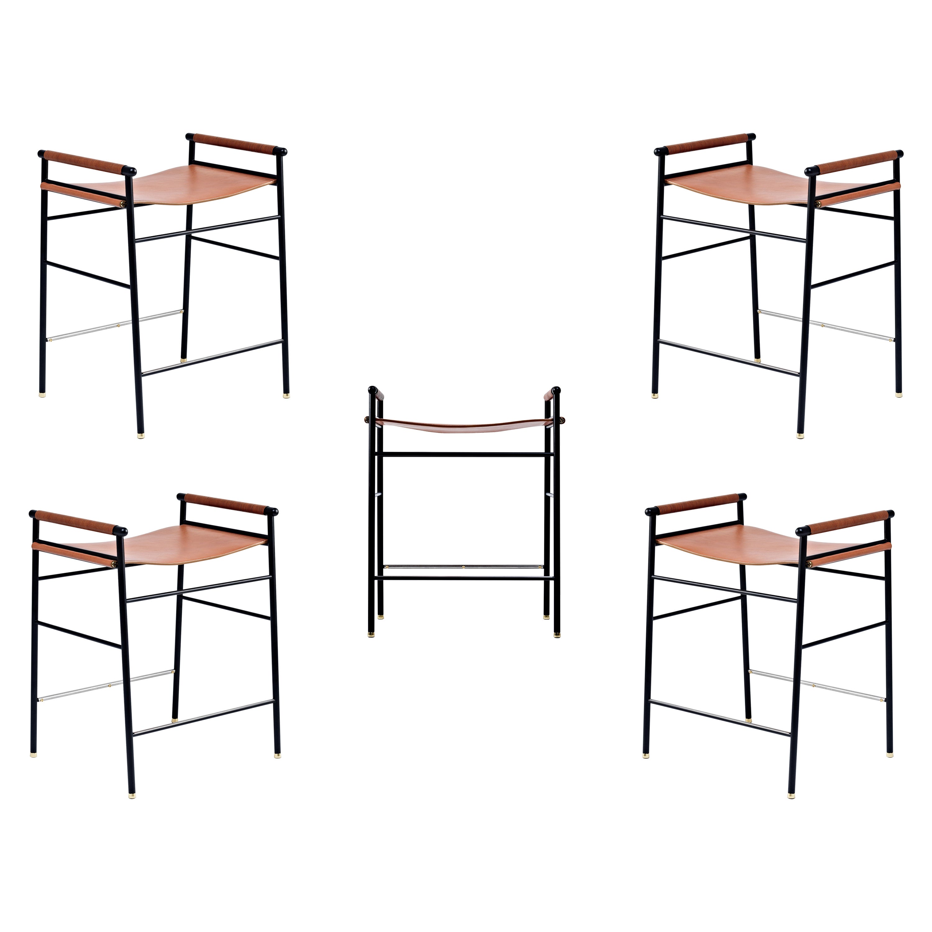 Set di 5 sgabelli da banco Classic Leather Natural Tobacco Tan Leather Black Rubber Metal