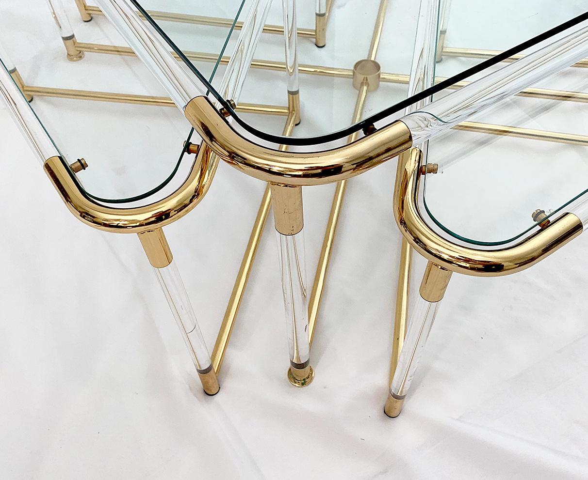 Mid-Century Modern Set of 5 Coffee Tables in Plexiglass and Brass, Glass Top