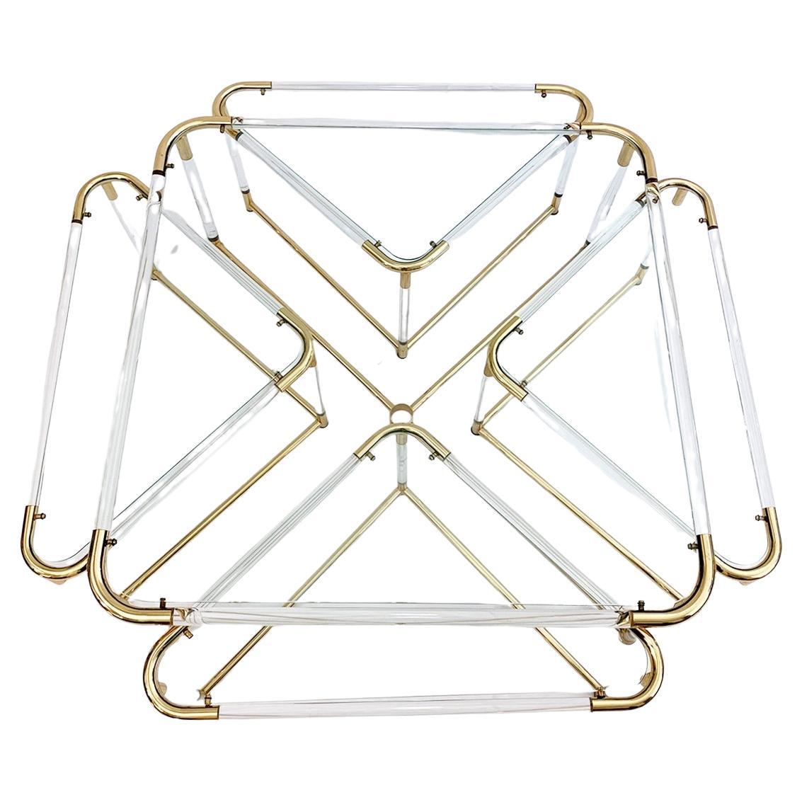Set of 5 Coffee Tables in Plexiglass and Brass, Glass Top