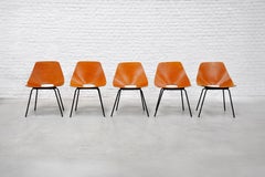 Set of 5 Cognac Leather 'Tonneau' Chairs by Pierre Guariche