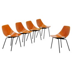 Set of 5 Cognac Leather 'Tonneau' Chairs by Pierre Guariche
