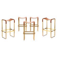 Set de 5 Taburetes de Bar Contemporáneos Metal Latón Envejecido y Piel Tabaco Natural